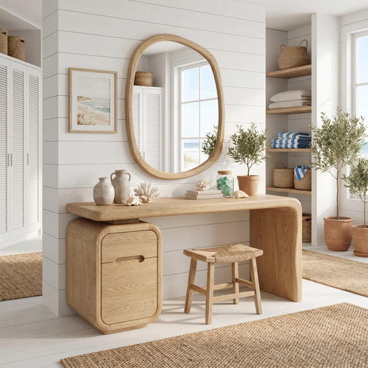 Modern Solid Wood Vanity Desk with Rounded Pedestal and Waterfall Side Design