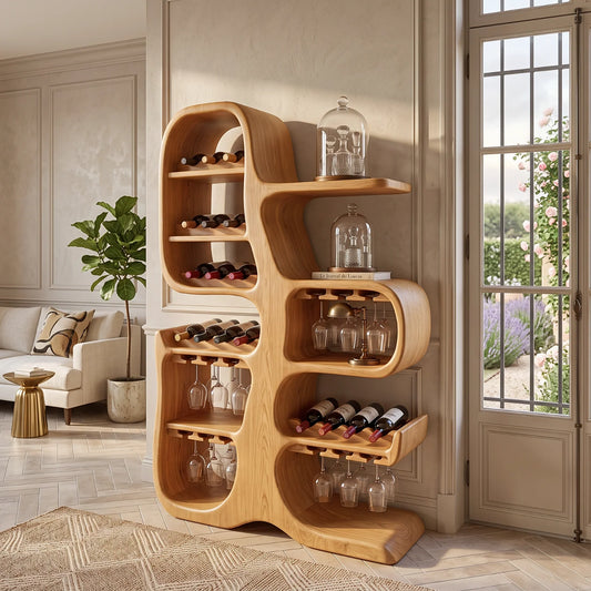 Solid Wood Wine Cabinet with Sculptural Tree-Inspired Design