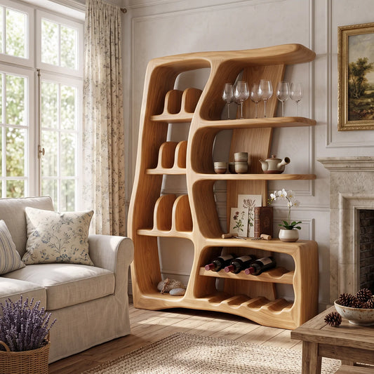 Solid Wood Wine Cabinet with Sculptural Open Shelves and Integrated Bottle Rack