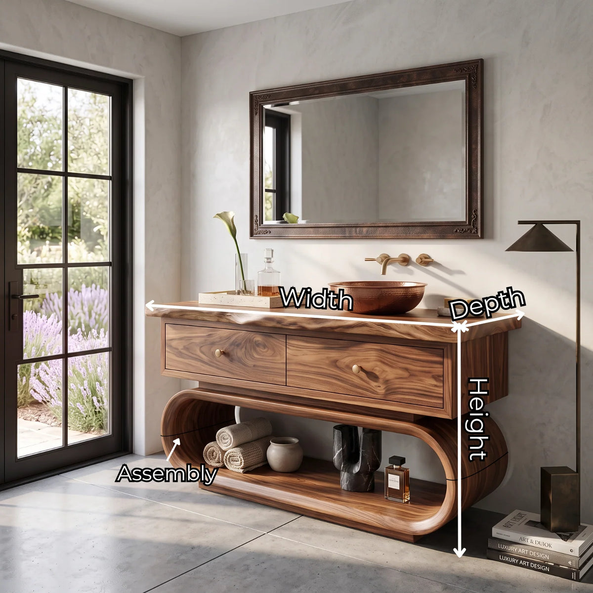Solid Wood Bathroom Vanity with Sculptural Loop Frame Base and Drawer Storage
