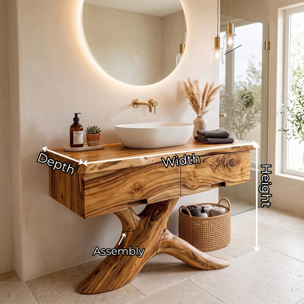 Solid Wood Bathroom Vanity with Sculptural Root Pedestal and Drawer Storage