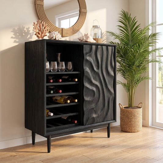 Solid Wood Wine Cabinet with Carved Relief Door and Integrated Bottle Shelves