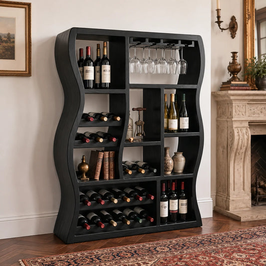Sculptural Solid Wood Wine Cabinet with Curved Open Storage Compartments