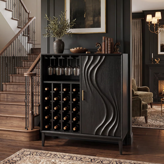 Solid Wood Wine Cabinet with Sculpted Wave-Carved Door for Dining Room