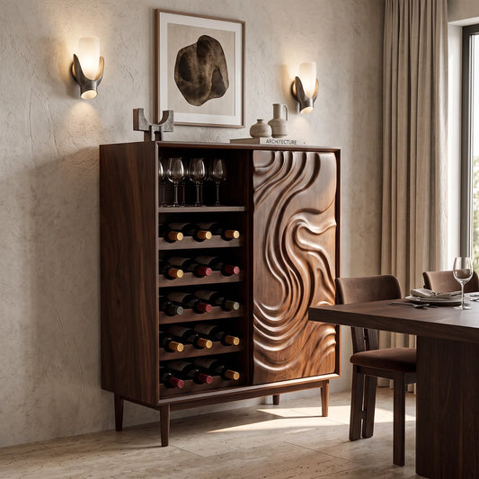 Solid Wood Wine Cabinet with Sculpted Wave Door and Wine Bottle Storage
