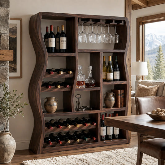 Sculptural Solid Wood Wine Cabinet with Curved Open Storage Compartments