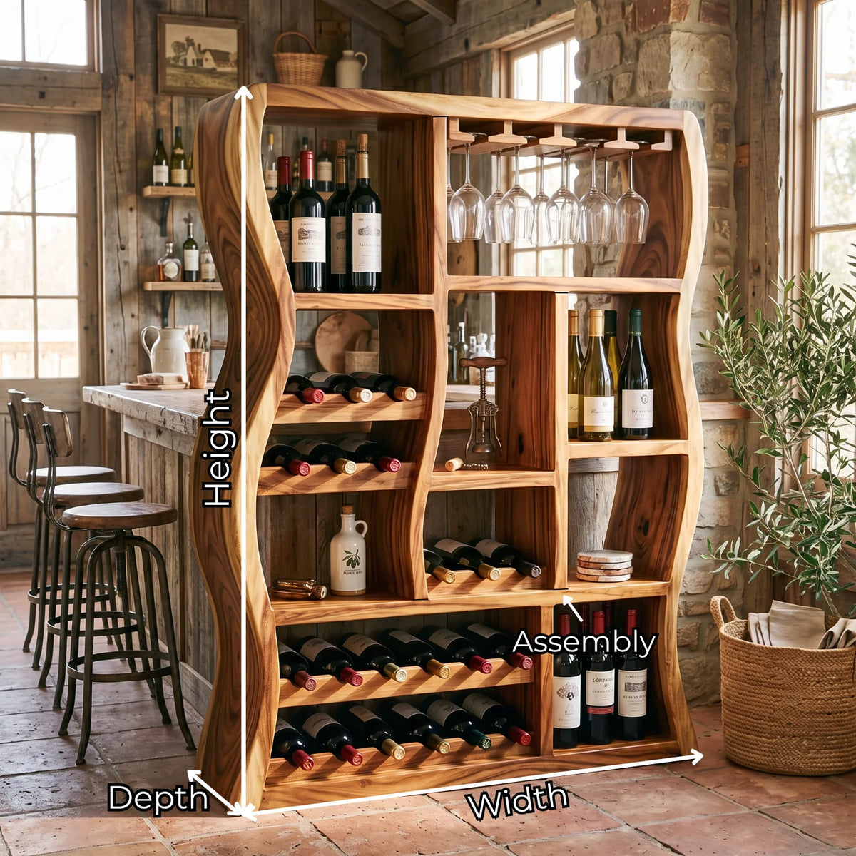 Sculptural Solid Wood Wine Cabinet with Curved Open Storage Compartments