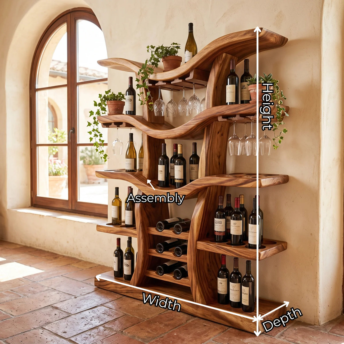 Solid Wood Freestanding Wine Rack with Sculptural Branching Shelves