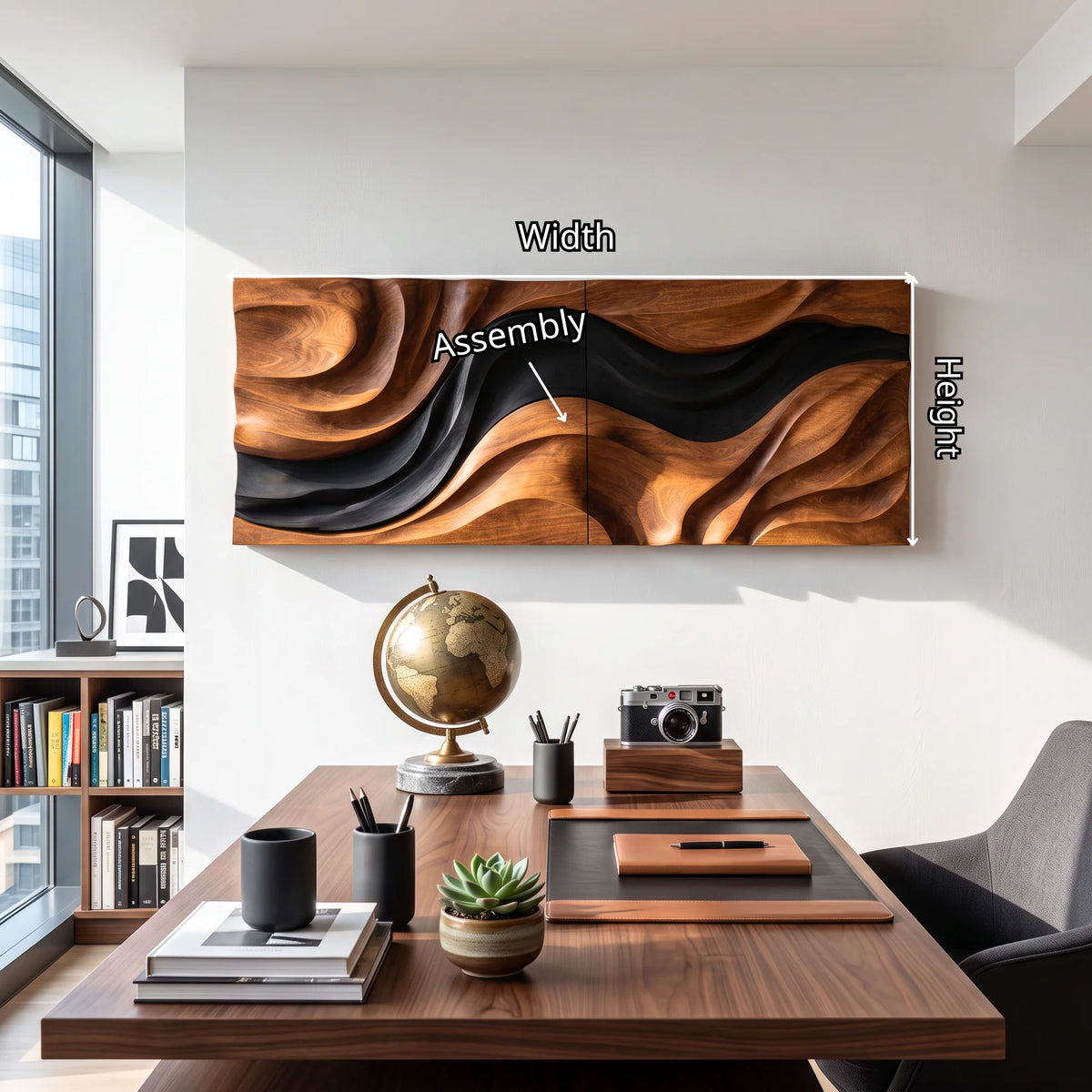 Abstract Wooden Wall Sculpture with Flowing Natural Wood and Black Layers