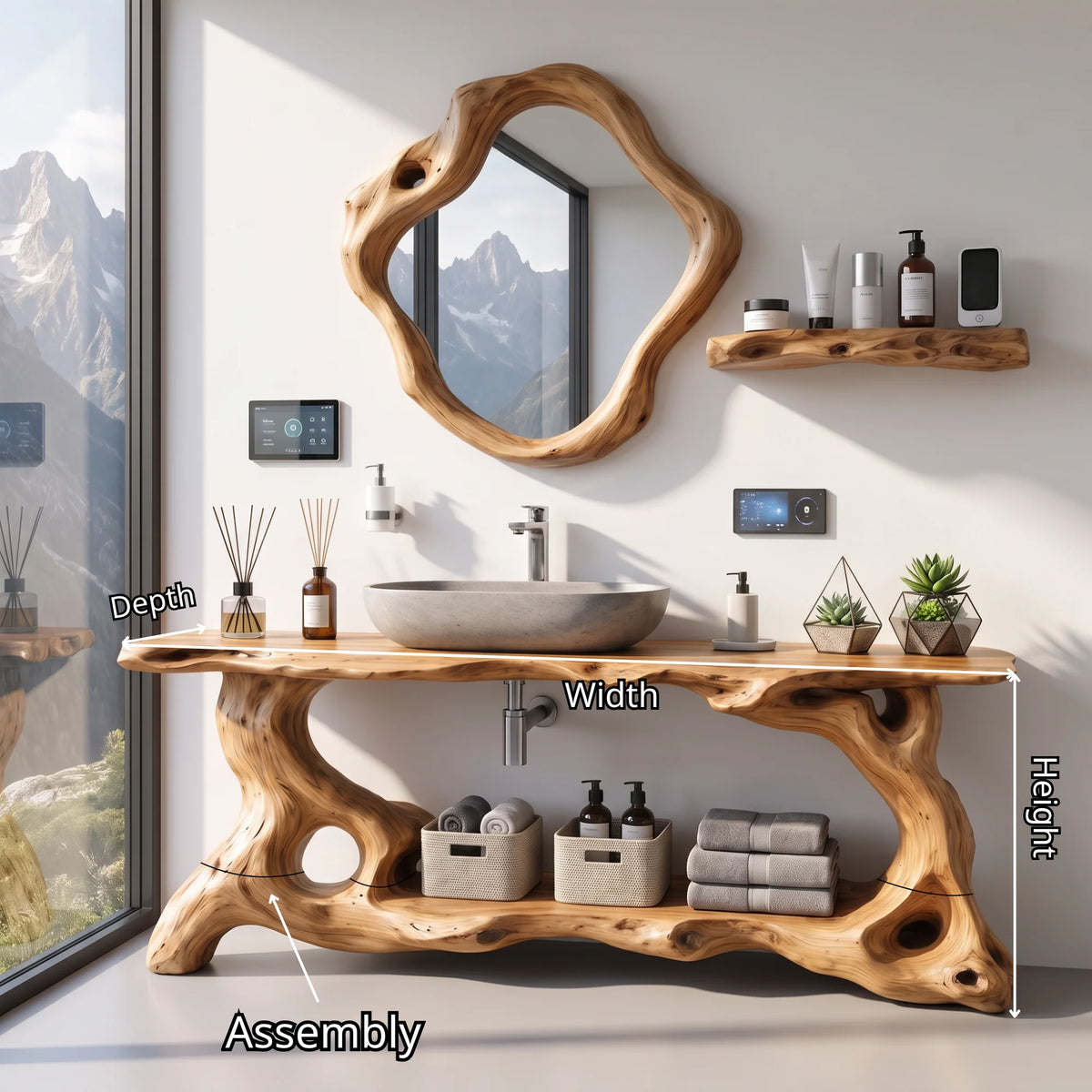 Solid Wood Bathroom Vanity with Sculptural Organic Root Base and Open Shelf Storage