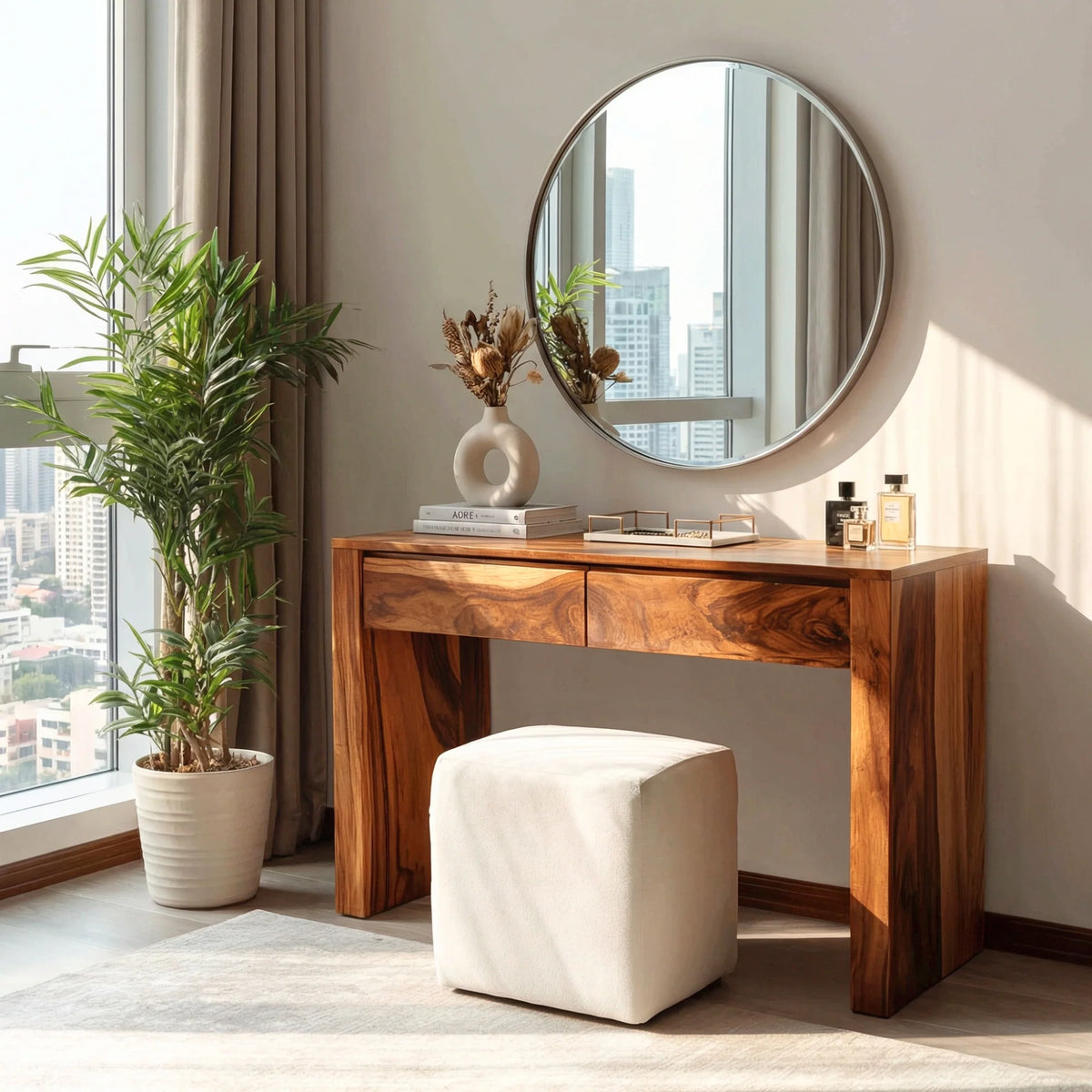 Modern Solid Wood Vanity Table with Dual Storage Drawers