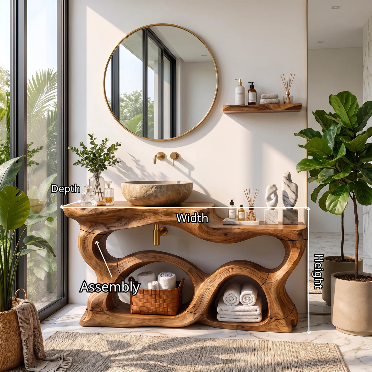 Solid Wood Bathroom Vanity with Sculptural Multi-Arch Design and Integrated Storage