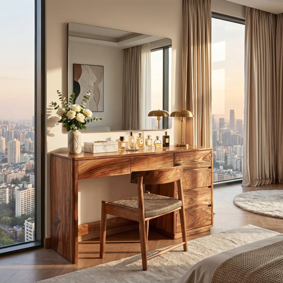 Modern Solid Wood Vanity Table with Side Storage Drawers