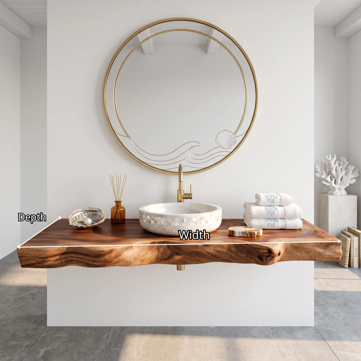 Solid Wood Floating Bathroom Vanity Shelf with Sculpted Live Edge – Modern Wall-Mounted Bathroom Storage