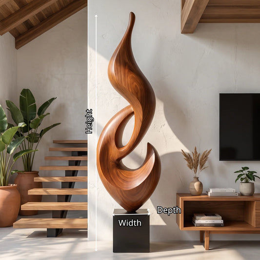 Tall Abstract Flame Sculpture in Solid Wood with Plinth Base – Modern Luxury Floor Décor