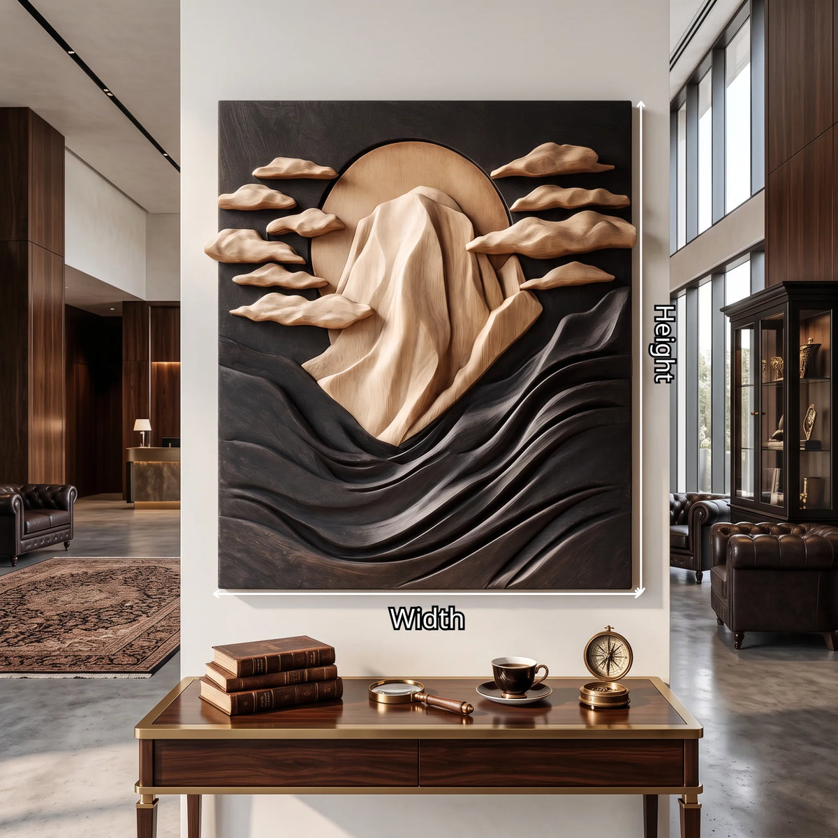 Solid Wood Wall Sculpture with Mountain Peak, Rising Sun and Flowing Wave Relief