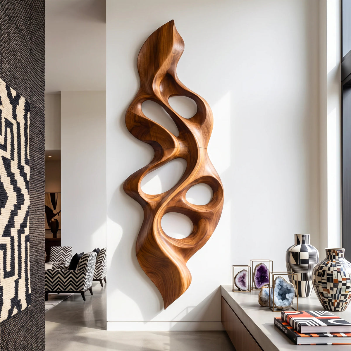 Vertical Flame – Abstract Wooden Wall Sculpture with Organic Openings