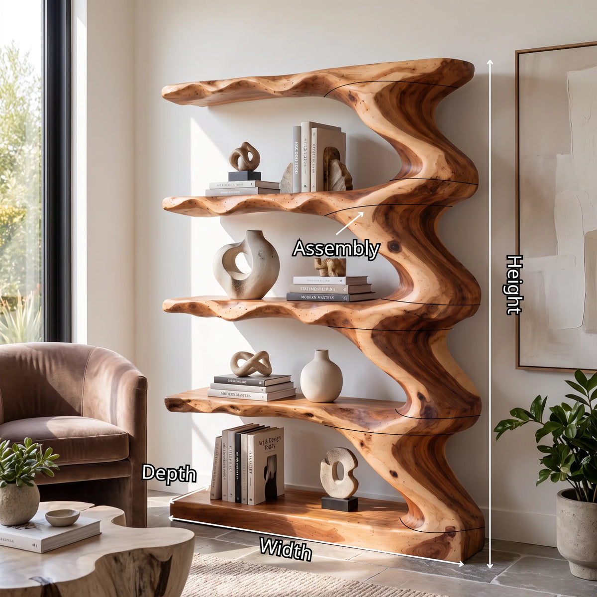 Wave Harmony – Organic Solid Wood Bookcase with Flowing Wave Shelves