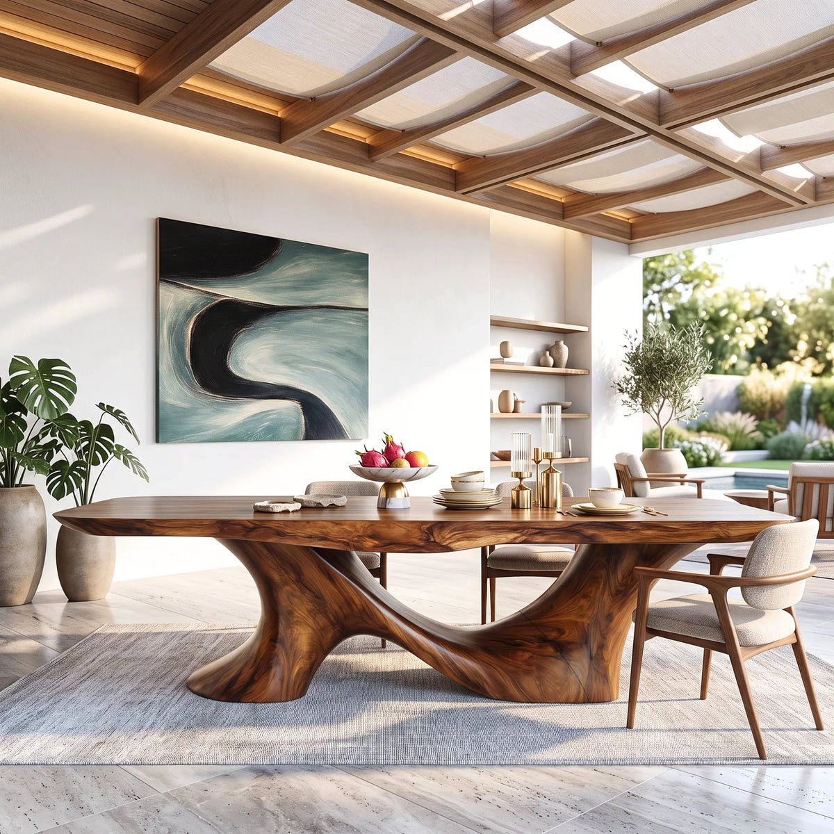 Organic Solid Wood Dining Table with Sculptural Twin-Curve Base