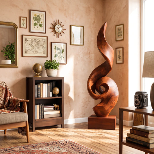 Tall Solid Wood Spiral Flame Sculpture with Plinth – Modern Decorative Accent for Contemporary Interiors
