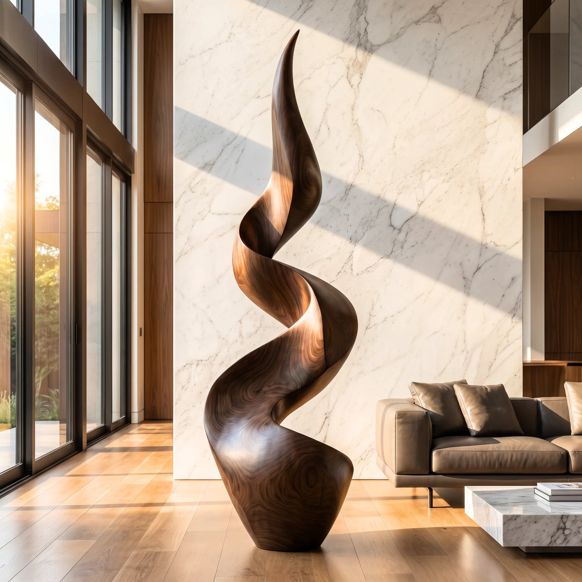 Tall Solid Wood Spiral Floor Sculpture – Contemporary Statement Art for Modern Interiors