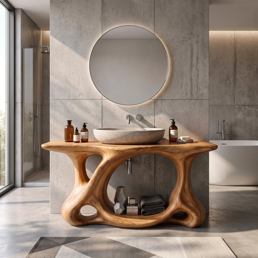 Solid Wood Bathroom Vanity with Sculptural Multi-Arch Base