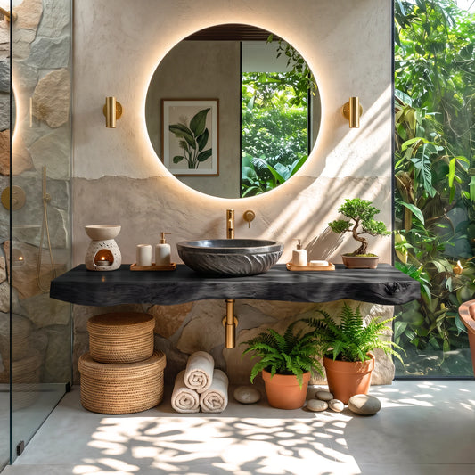 Solid Wood Floating Bathroom Vanity with Live Edge Countertop – Modern Organic Bathroom Cabinet