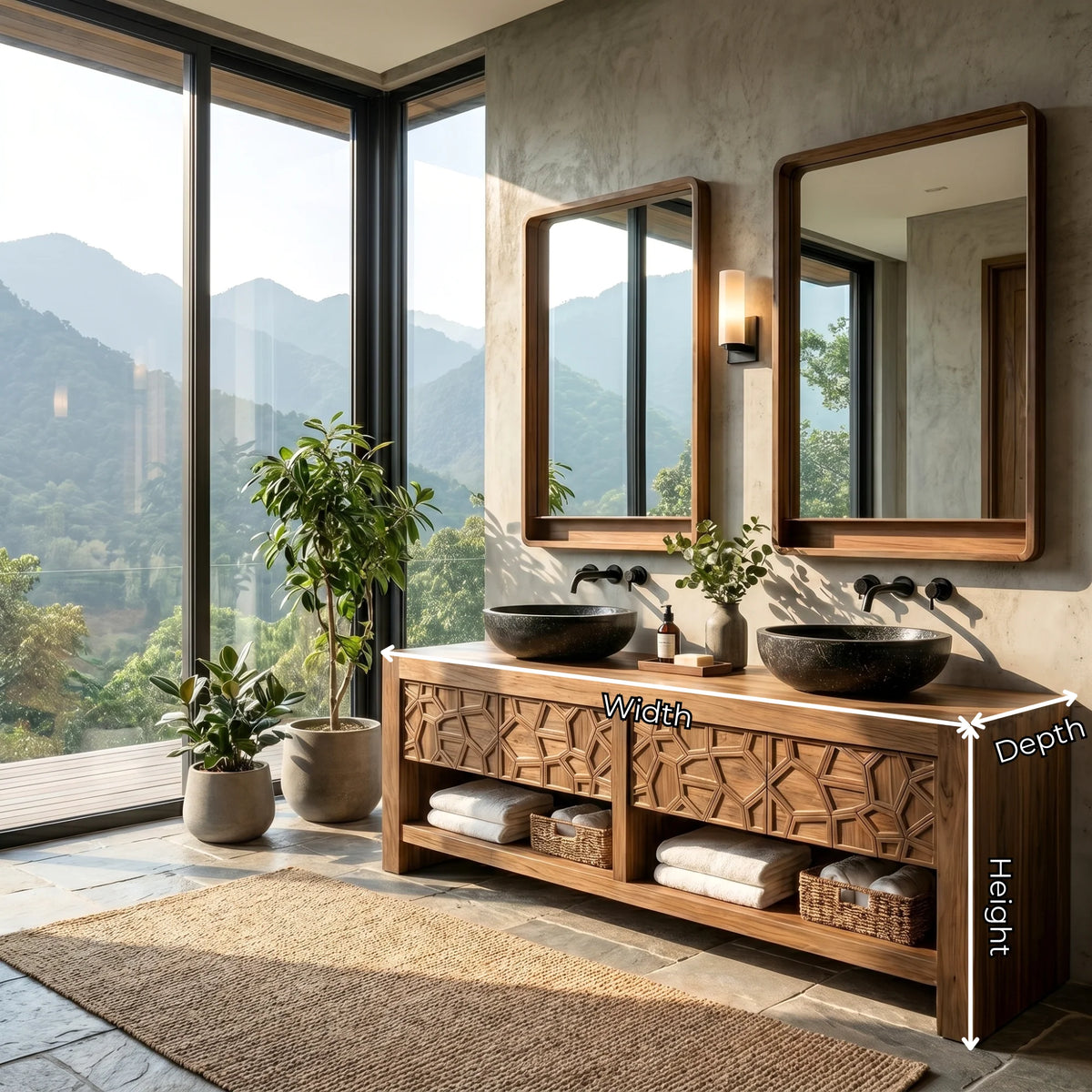 Modern Solid Wood Bathroom Vanity Cabinet with Geometric Carved Front Design
