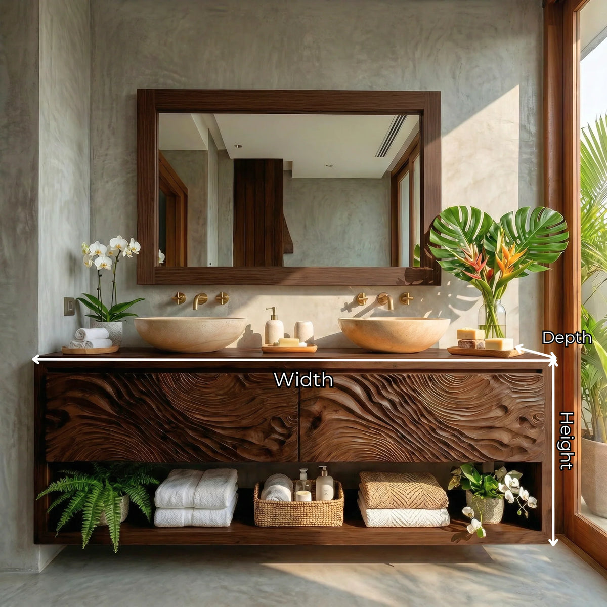 Solid Wood Double Bathroom Vanity Cabinet with Carved Wave Front and Open Storage Shelf