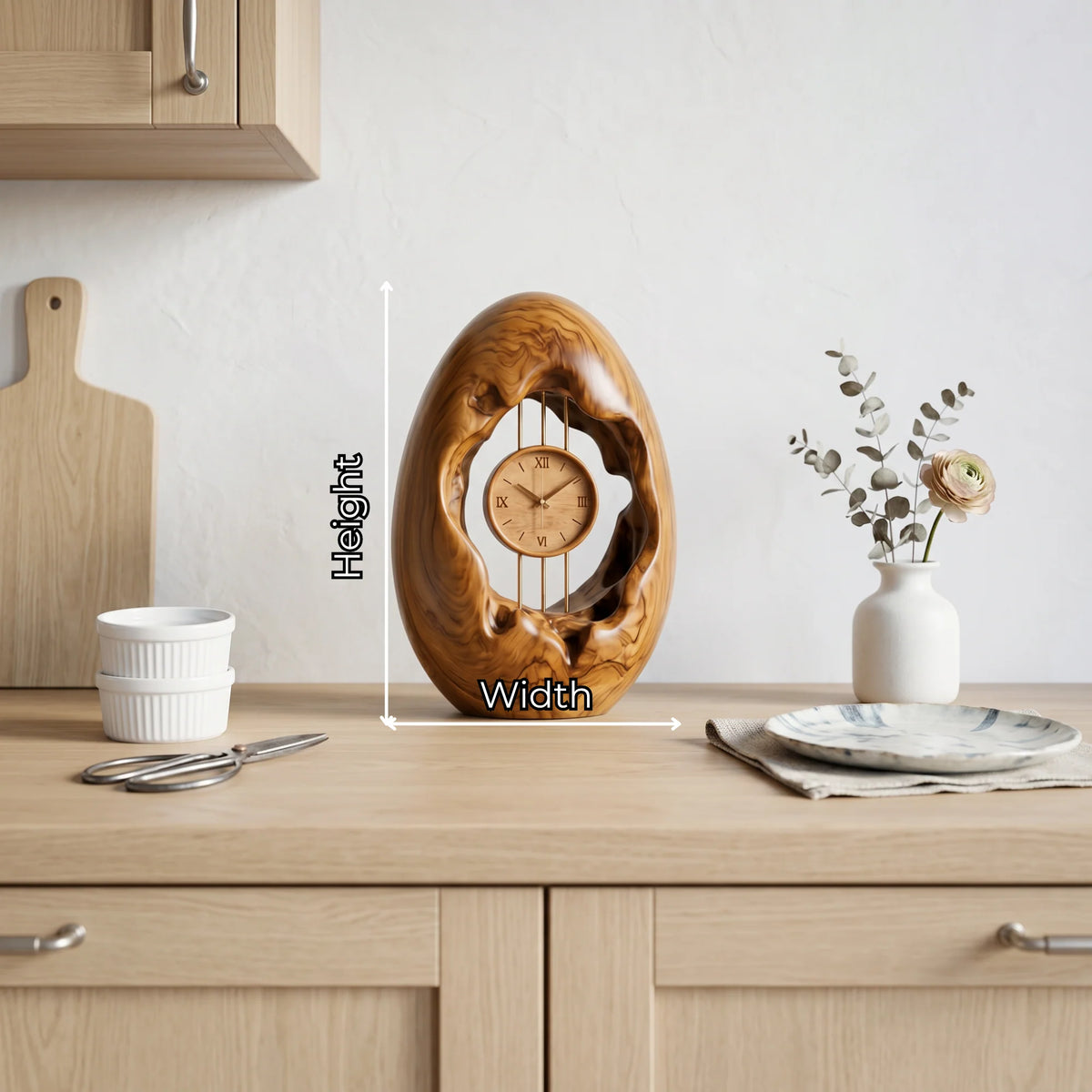 Solid Wood Oval Table Clock with Hollow Sculptural Frame – Modern Decorative Desk Clock
