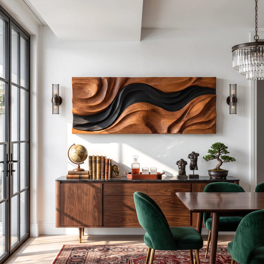 Abstract Wooden Wall Sculpture with Flowing Natural Wood and Black Layers