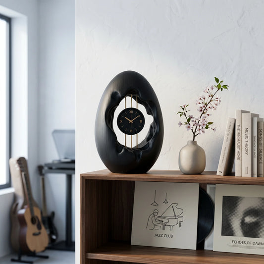 Solid Wood Oval Table Clock with Hollow Sculptural Frame – Modern Decorative Desk Clock