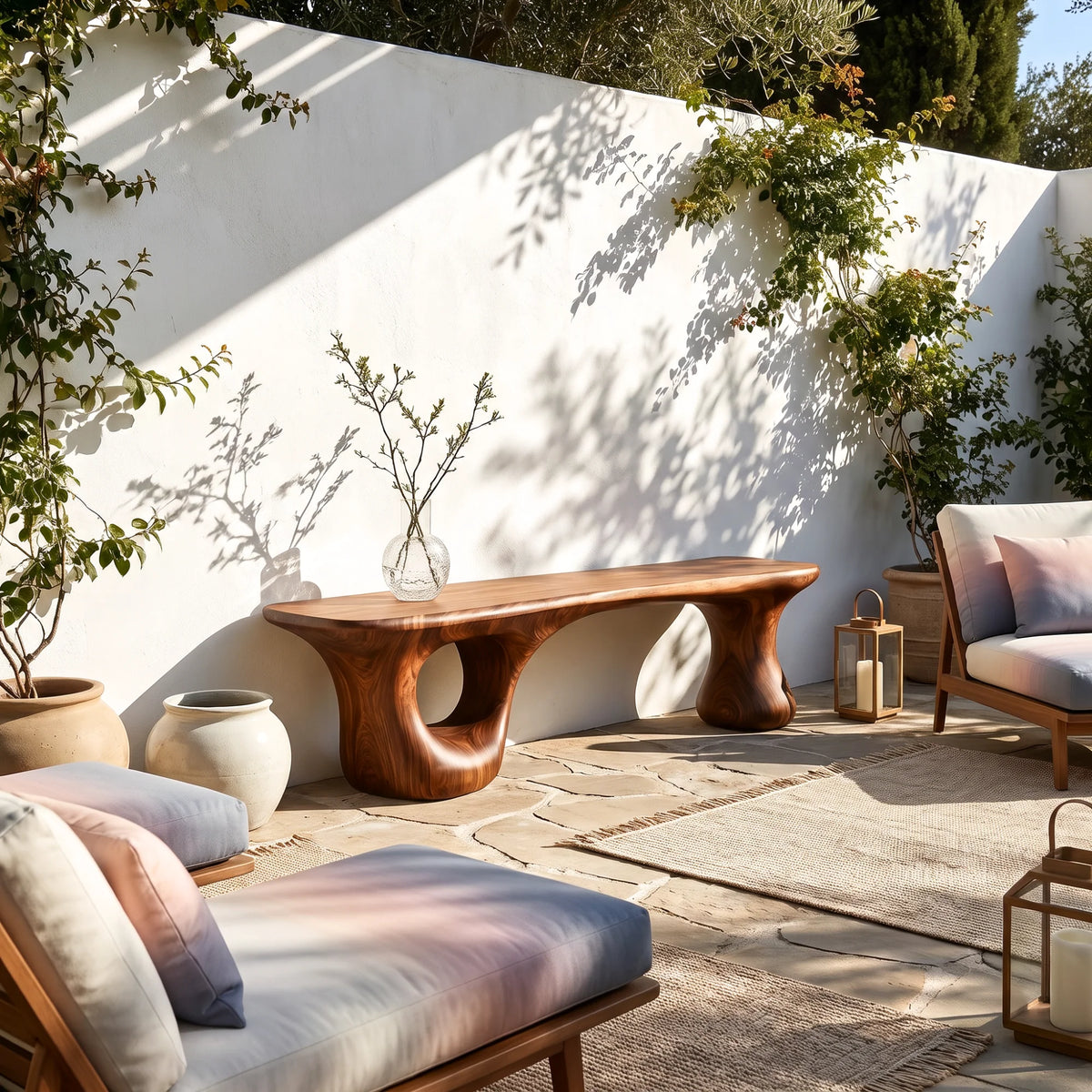Sculptural Loop – Solid Wood Bench with Pedestal Base and Flowing Live Edge Seat