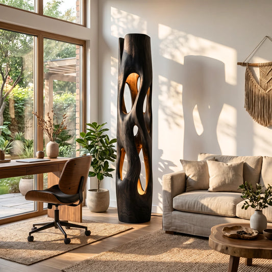Tall Sculptural Solid Wood Floor Lamp with Open-Cut Design and Warm Ambient Lighting