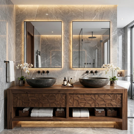 Modern Solid Wood Bathroom Vanity Cabinet with Geometric Carved Front Design