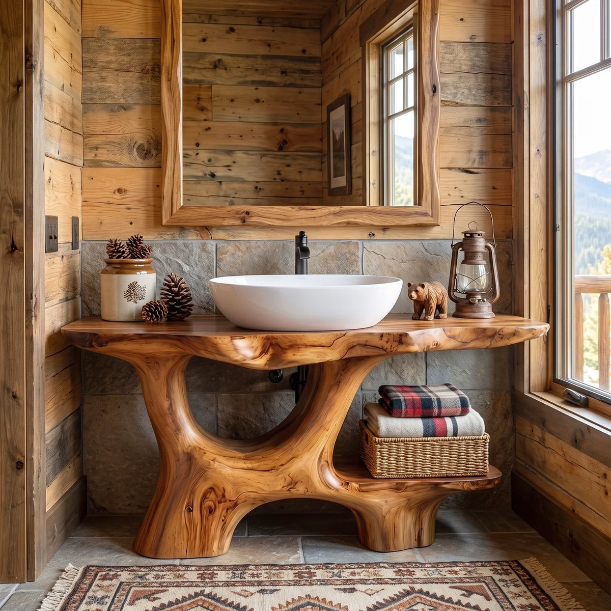 Solid Wood Bathroom Vanity with Open Arch Base and Side Shelf Storage