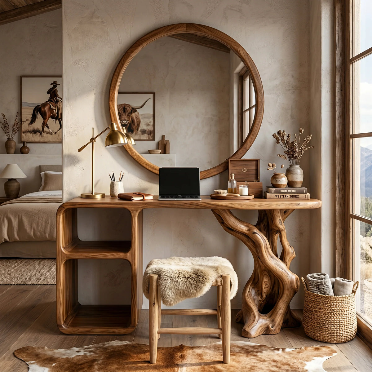 Sculptural Solid Wood Vanity Table with Organic Carved Base and Open Shelf