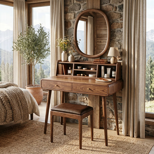 Handcrafted Solid Wood Vanity Desk with Open Organizer Shelf and Storage Drawer
