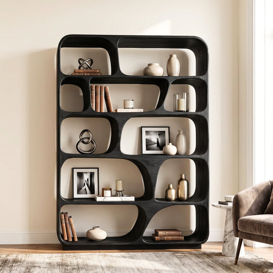 Organic Grid – Rounded Solid Wood Bookcase with Open Display Compartments