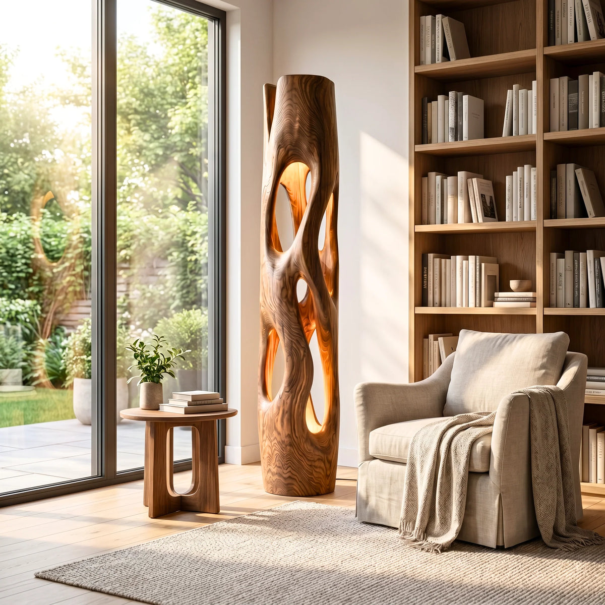 Tall Sculptural Solid Wood Floor Lamp with Open-Cut Design and Warm Ambient Lighting