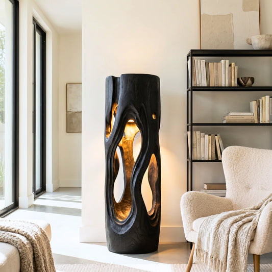 Organic Sculptural Wood Floor Lamp with Warm Ambient Lighting