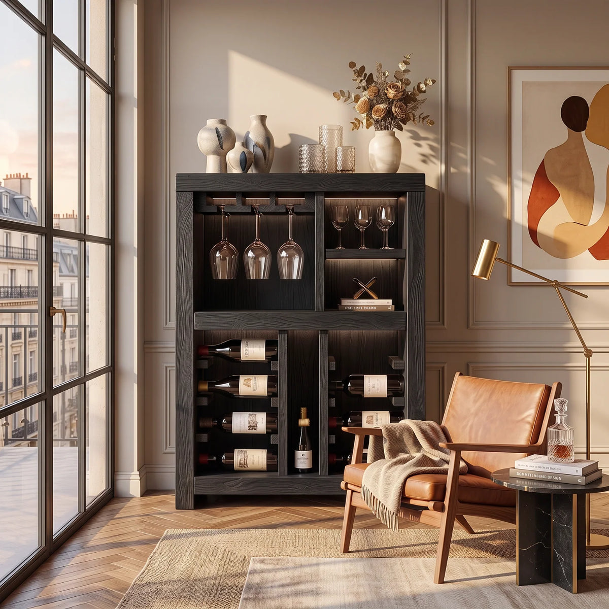Solid Wood Wine Cabinet with Bottle Racks and Stemware Storage