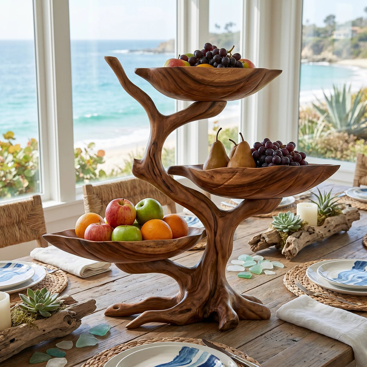 Solid Wood Three-Tier Fruit Display Bowl with Sculptural Branch Pedestal