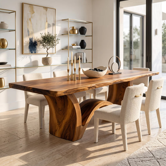 Live Edge Solid Wood Dining Table with Sculptural Curved Base