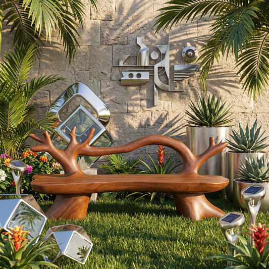 Organic Solid Wood Garden Bench with Sculptural Loop Backrest