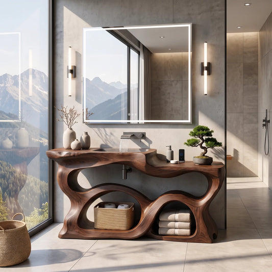 Solid Wood Bathroom Vanity with Sculptural Multi-Arch Design and Integrated Storage