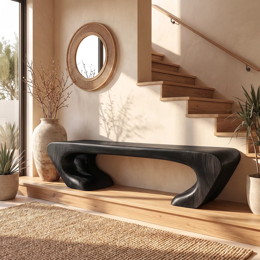 Organic Balance – Solid Wood Bench with Sculptural Asymmetrical Base and Flowing Seat
