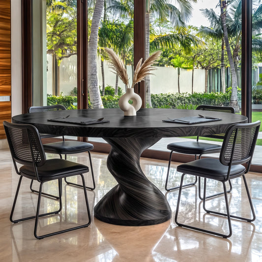 Round Solid Wood Dining Table with Sculptural Twisted Pedestal Base