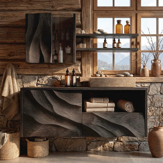 Floating Solid Wood Bathroom Vanity with Layered Organic Relief – Sculptural Wall-Mounted Cabinet