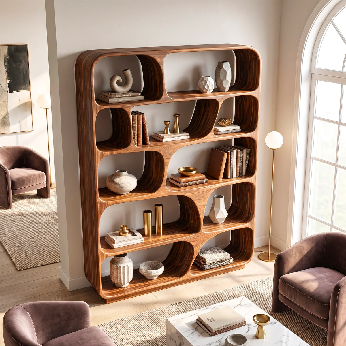 Organic Grid – Rounded Solid Wood Bookcase with Open Display Compartments
